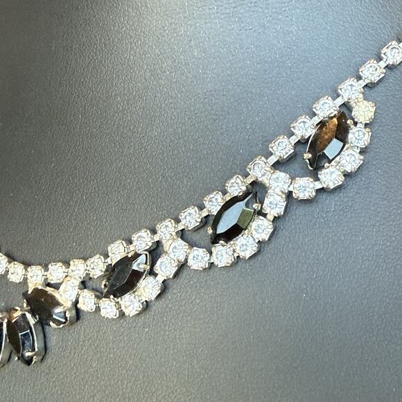 Vintage Tiara Style Black Marquise & Clear Round Rhinestones Choker Necklace 15” - Picture 3 of 5